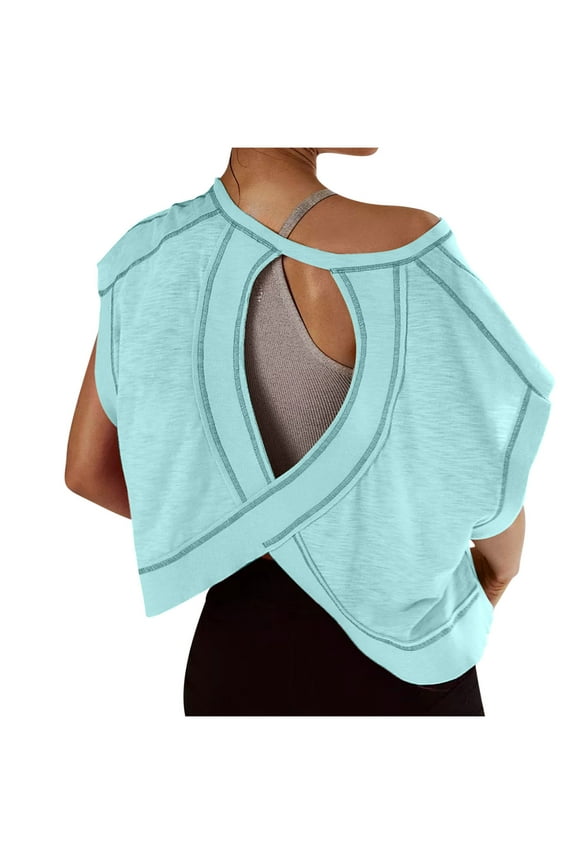 Workout Tops for Women Open Back Short Sleeve Shirts Backless Gym Yoga Athletic T-shirt Trendy Running Crop Tee Top Light Blue XL