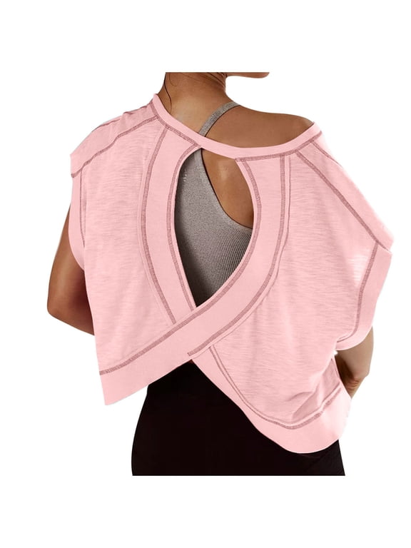 Workout Tops for Women Open Back Short Sleeve Shirts Backless Gym Yoga Athletic T-shirt Trendy Running Crop Tee Top Pink S
