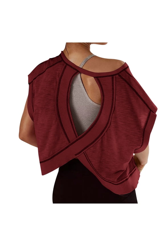 Workout Tops for Women Open Back Short Sleeve Shirts Backless Gym Yoga Athletic T-shirt Trendy Running Crop Tee Top Wine S