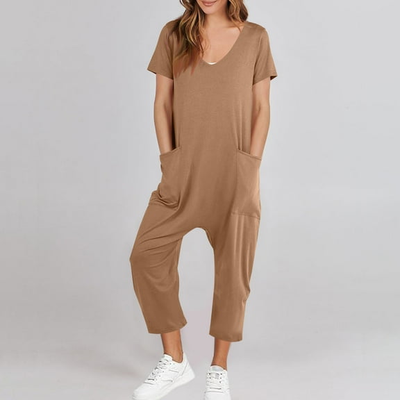 Kayannuo jumpsuits for women Fashion Women Casual Short Sleeve Jumpsuit Solid Jumpsuits Wide Pocket Leg Pant Khaki XXL
