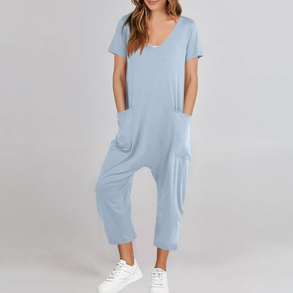 Kayannuo jumpsuits for women Fashion Women Casual Short Sleeve Jumpsuit Solid Jumpsuits Wide Pocket Leg Pant Light Blue M