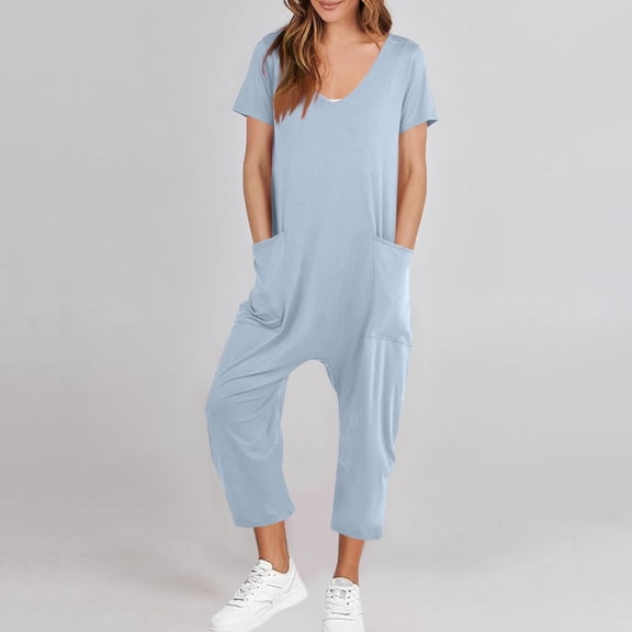 Kayannuo jumpsuits for women Fashion Women Casual Short Sleeve Jumpsuit Solid Jumpsuits Wide Pocket Leg Pant Light Blue XL