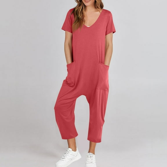 Kayannuo jumpsuits for women Fashion Women Casual Short Sleeve Jumpsuit Solid Jumpsuits Wide Pocket Leg Pant Watermelon Red S