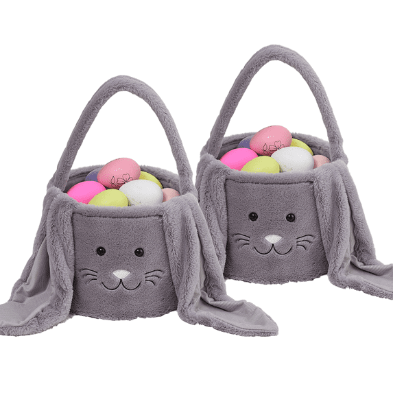 Kayanuo 2PC Easter Plush Bunny Basket for Kids Home Decor Bags Cute Rabbit Bucket with Foldable Ears Handle Egg Hunt Easter Tote Candy Bag Basket for Party Decorations Candy Gifts