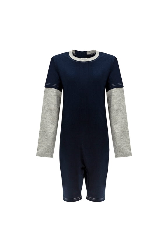 Kaycey Adaptive Clothing Zipback Jumpsuit, Long Sleeve Short Leg, Navy Body-Grey Trim, Age 8-9