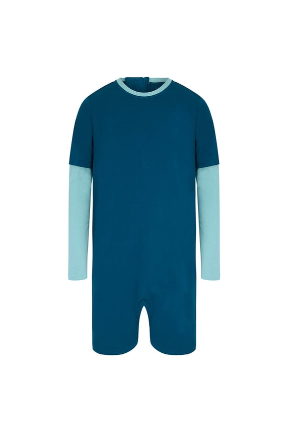 Kaycey Adaptive Clothing Zipback Jumpsuit, Long Sleeve Short Leg, Tropical Teal Body-Jelly Mint Trim, Age 7-8