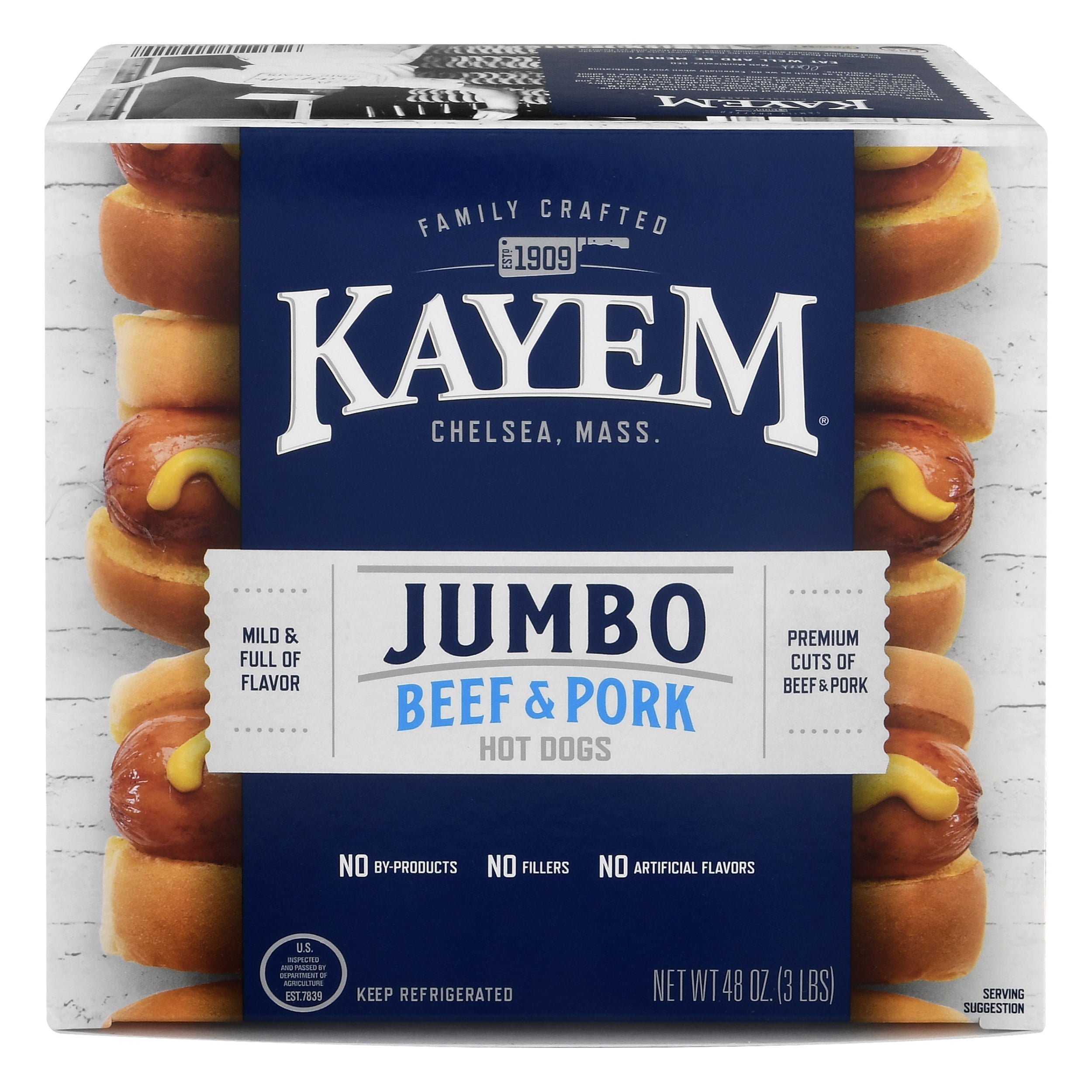 Kayem Beef and Pork Jumbo Hot Dogs, Franks, 48 oz Box, 24 Count