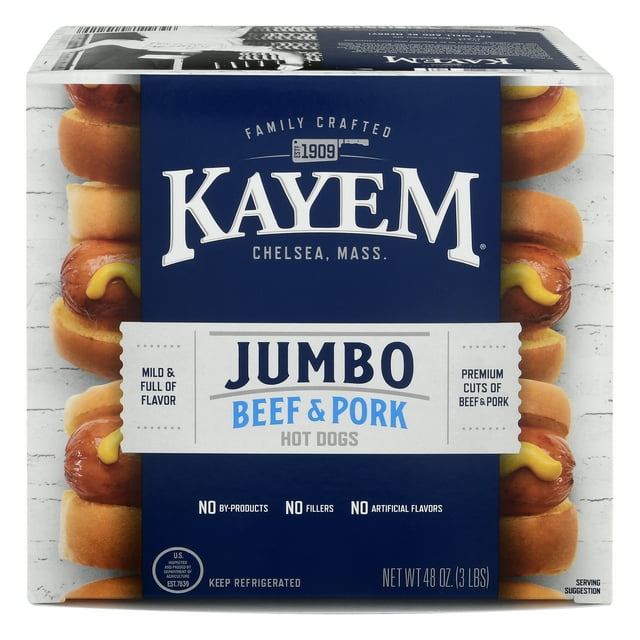 Kayem Beef and Pork Jumbo Hot Dogs, Franks, 48 oz Box, 24 Count