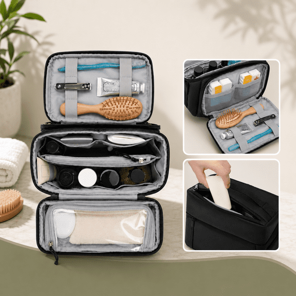EVERFUN Travel Toiletry Bag, Wide-Opening Dopp Kit with Smart Organization, Wet & Dry Pocket, Water-Resistant Travel Organizer, Black