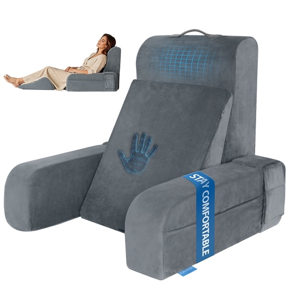 Kayfia Reading Pillow, 10 in 1 Back Pillow for Bed Sitting up with Detachable Arms Rest, Back Rest with Gel Memory Foam, Reading/Gaming/Working in Bed or Couch 19", Gray