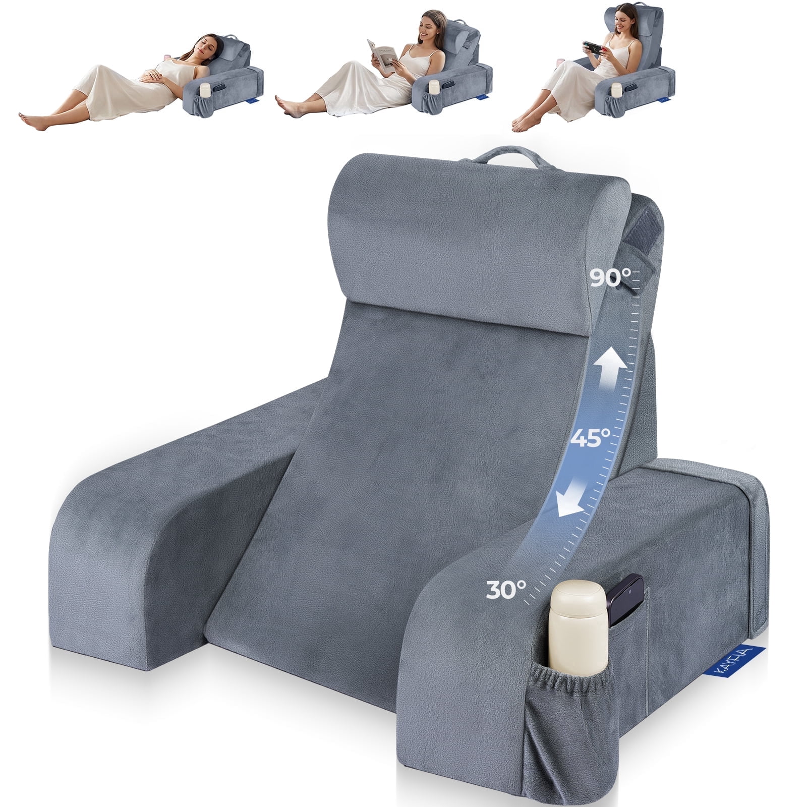 Kayfia Reading Pillow with 30-90°  Adjustable Angle & Height, 2 in 1 Back Wedge Pillow for Bed Sitting up with Detachable Arms Rest, Backrest Pillow for Reading/Gaming/Working in Bed or Couch, Medium