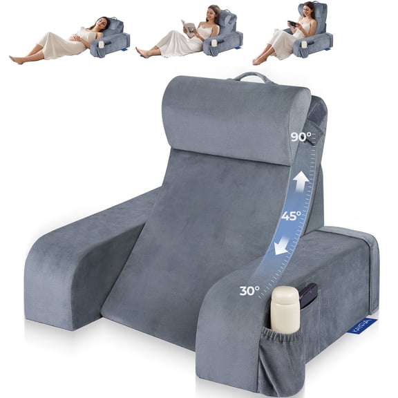 Kayfia Reading Pillow with 30-90° Adjustable Angle & Height, 2 in 1 Back Wedge Pillow for Bed Sitting up with Detachable Arms Rest, Backrest Pillow for Reading/Gaming/Working in Bed or Couch, Medium