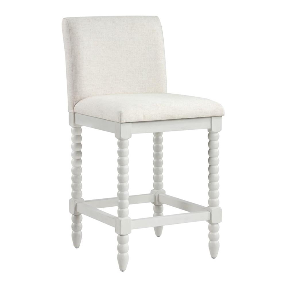 Antique White Wood Spindle Counter Stool with Linen Seat