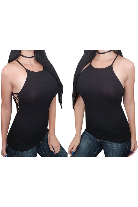 Sexy Caged Side Ribbed High Neck Summer Solid Cami Racerback Tank Top