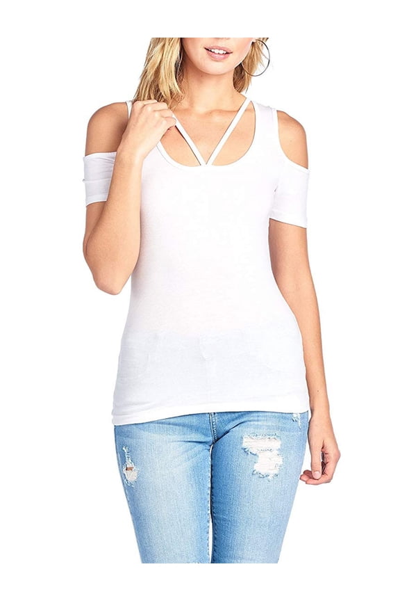 Sexy Cold Shoulder Low-Cut Criss Cross Caged Strappy Short Sleeve Shirt Top