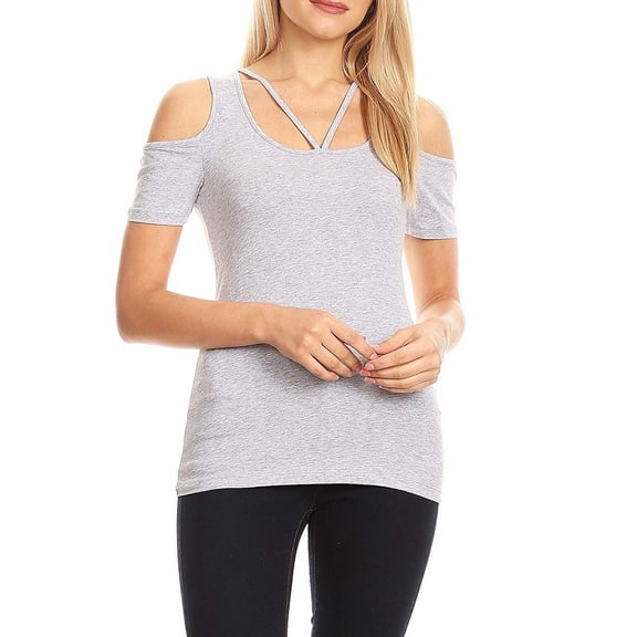 Kaylee_xo Sexy Cold Shoulder Low-Cut Criss Cross Caged Strappy Short Sleeve Shirt Top