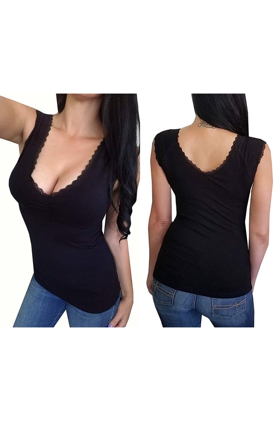 Sexy Women's Sleeveless Low-Cut Deep V Neck Lace Detail Open Back Summer Tank Tops