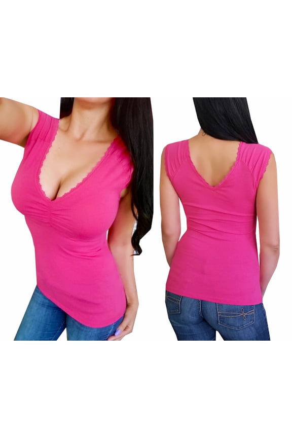 Sexy Women's Sleeveless Low-Cut Deep V Neck Lace Detail Open Back Summer Tank Tops