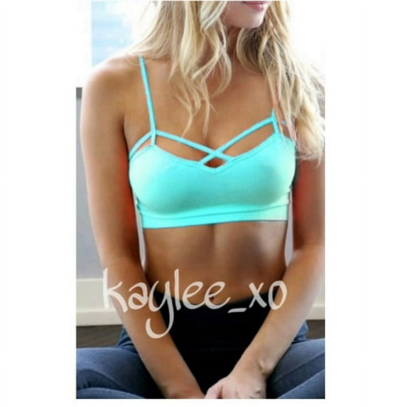 Kaylee_xo Strappy Unpadded Bra Top Bustier Crop Criss Cross Sports Yoga Wireless Bralette