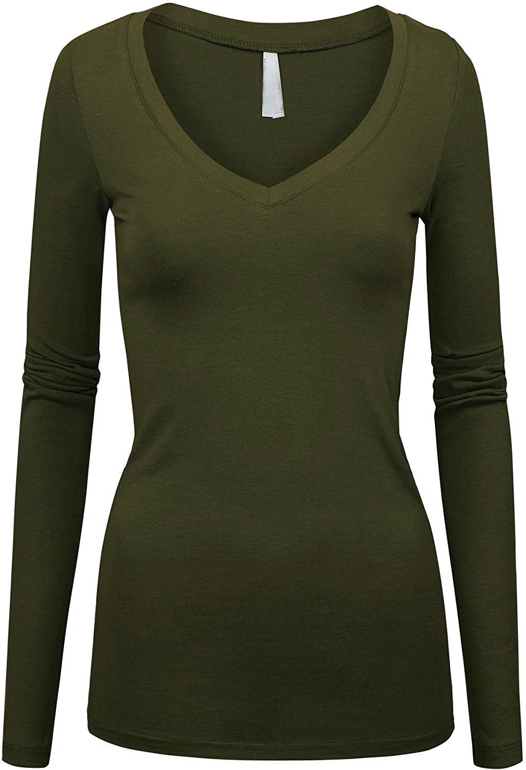 Kaylee_xo Women's Long Sleeve V-Neck Low-cut Sexy Solid Stretchy Shirt Top