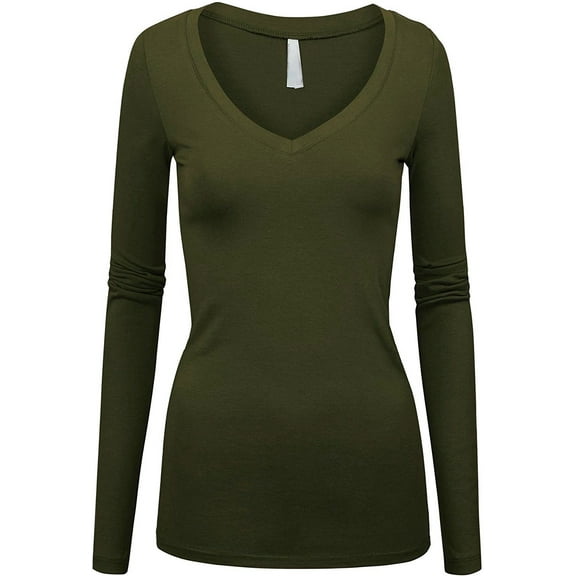 Kaylee_xo Women's Long Sleeve V-Neck Low-cut Sexy Solid Stretchy Shirt Top