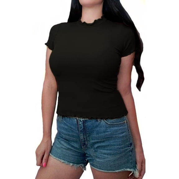Kaylee_xo Womens Short Sleeve Ribbed Knit Fitted Lettuce Trim Summer T Shirt Tops