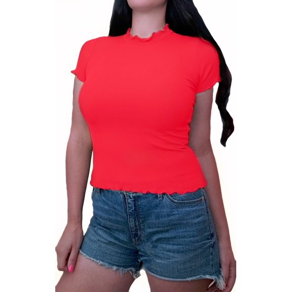 Kaylee_xo Womens Short Sleeve Ribbed Knit Fitted Lettuce Trim Summer T Shirt Tops