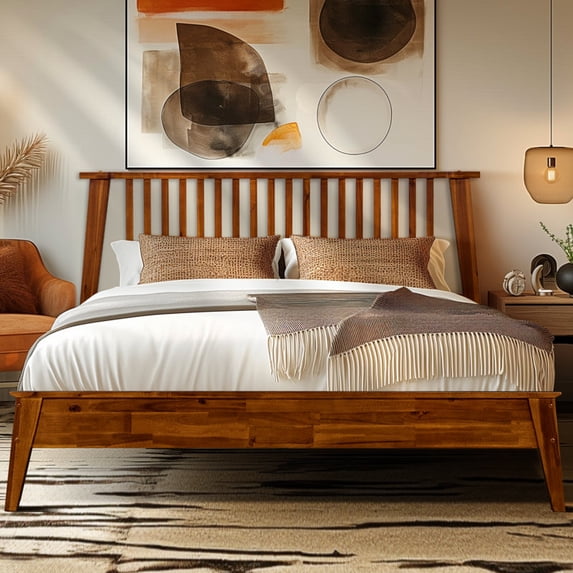 Kaylin Premium Solid Wood Platform Bed Frame with Headboard – 800 lb Capacity, No Box Spring Needed, Fits All Mattresses, 5-Year Warranty, King - Caramel