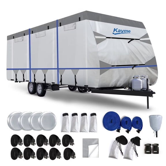 Kayme 300D Oxford Travel Trailer RV Cover, Tearproof Waterproof Windproof 31-34ft Camper Cover, RV Tarp Anti-UV Snowproof with Zipper Door, Wind Protector Straps,4 Tire Covers, and Jack Cover.
