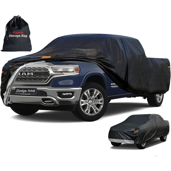 Kayme Truck Cover Custom Fit Dodge Ram 1500(2009-2025) Crew Cab Short Bed. Full Exterior Heavy Duty Outdoor Pickup Truck Car Cover Waterproof All Weather.Car Tarp for Wind Sun Dust Protection.Black
