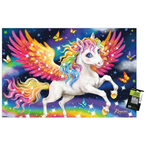 Kayomi Harai - Pegasus Rainbow Flight Wall Poster with Pushpins, 22.375" x 34"