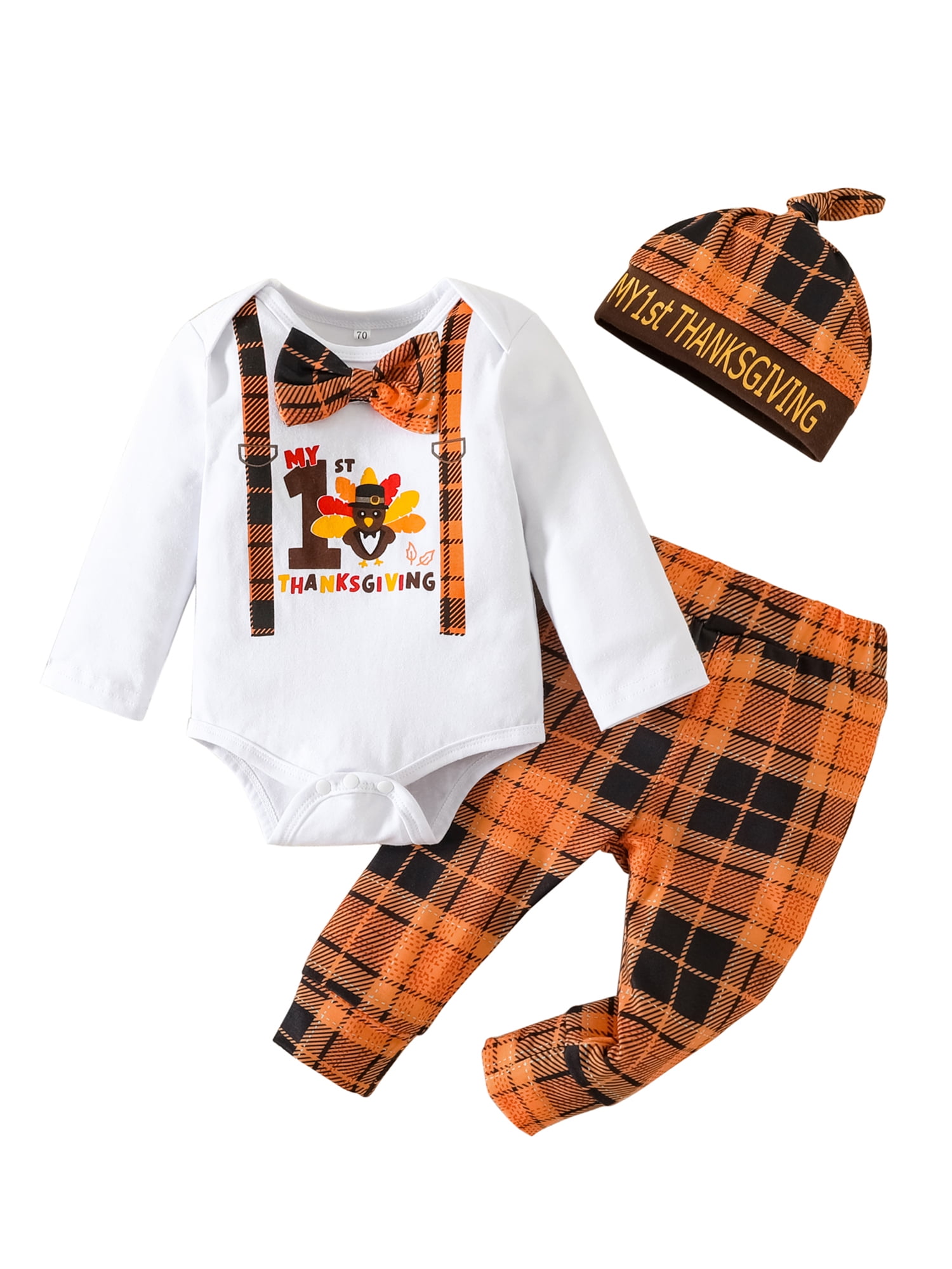 Kayotuas My First Thanksgiving Baby Girl Boy Outfit Long Sleeve Romper Bodysuit Tops Turkey Pants Headband Clothes Set