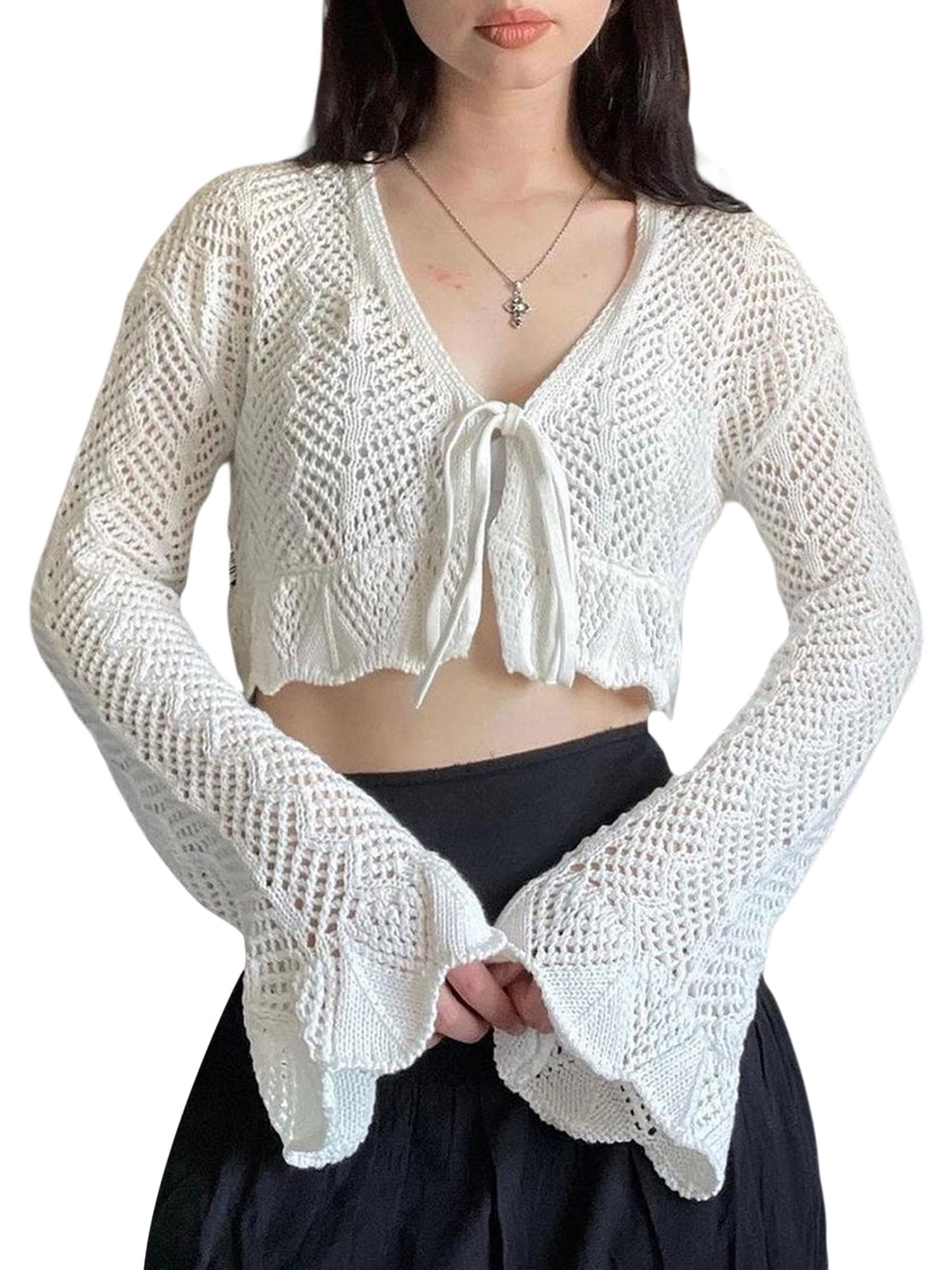 Dellytop Women's Crochet Tie Front Cardigan Boho Long Sleeve
