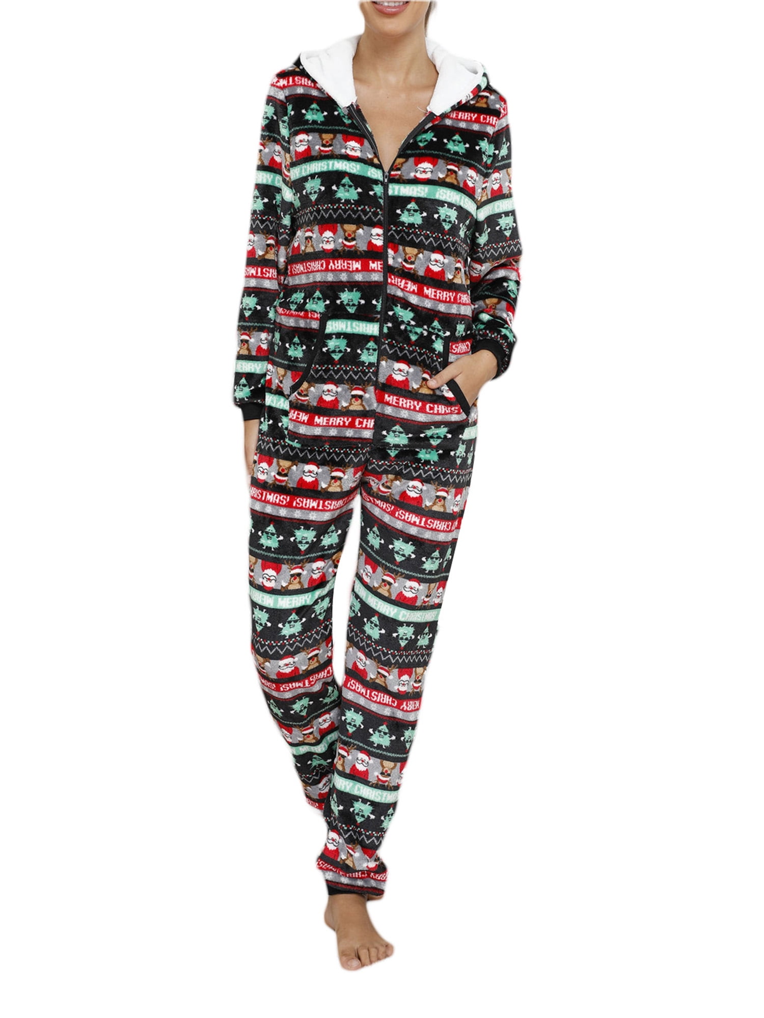 Kayotuas Womens One Piece Christmas Pajamas Coral Fleece Hooded Onesie