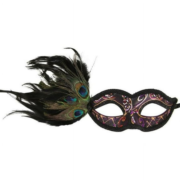 Kayso FM009B Carnival Plastic Masquerade Mask with Feathers, Black & Purple - One Size