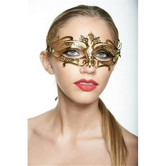 Kayso K2004GD Regal Gold Floral Laser Cut Masquerade Mask with Clear Rhinestones - One Size
