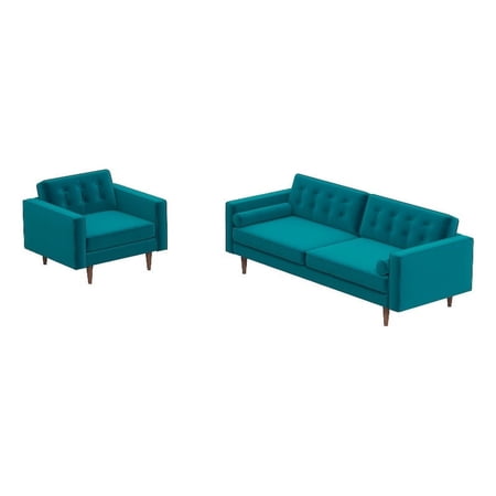 Kayson Mid-Century Pillow Back Velvet Sofa and Lounge Chair Set in Turquoise