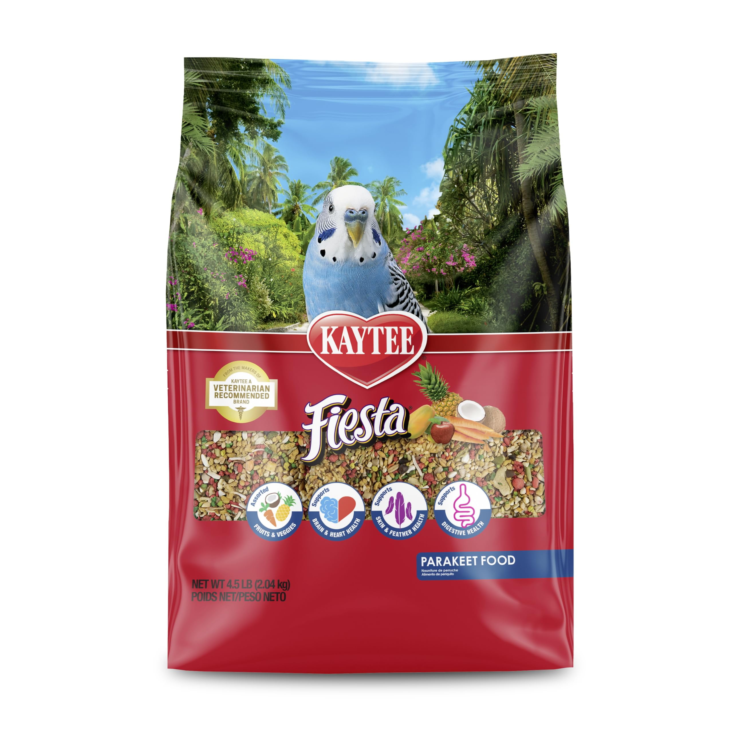 Kaytee Fiesta Parakeet Food, Nutritious and AIS1Fun Blend, Supports Skin, Feather, Digestion, Brain and Heart Health, 4.5 pounds