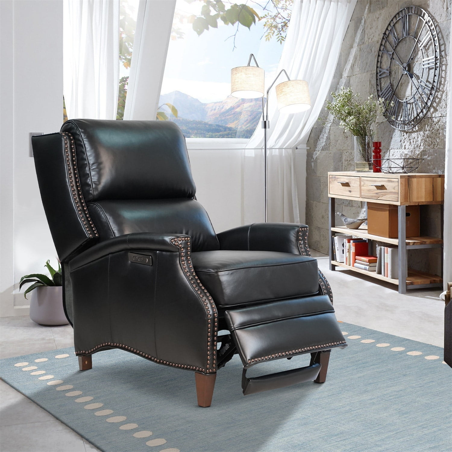 Kayto INC Hekkin Genuine Leather Power Recliner with Adjustable Headrest and USB Port Ultra Comfy Living Room Seating Flared Arms Black Foam Leather