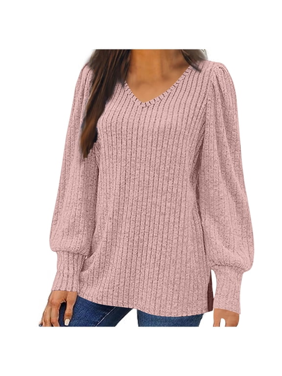 Plus Size Tops for Women Puff Long Sleeve Shirts V Neck Knit Pullover Loose Tunic Sweaters Casual Cute Blouses