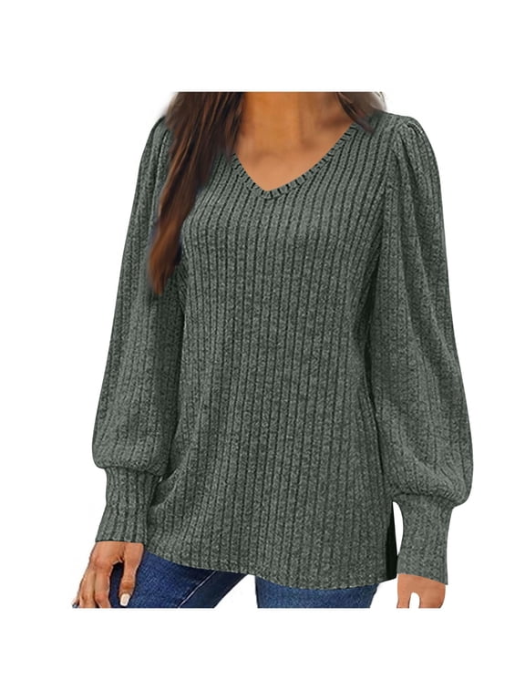 Plus Size Tops for Women Puff Long Sleeve Shirts V Neck Knit Pullover Loose Tunic Sweaters Casual Cute Blouses