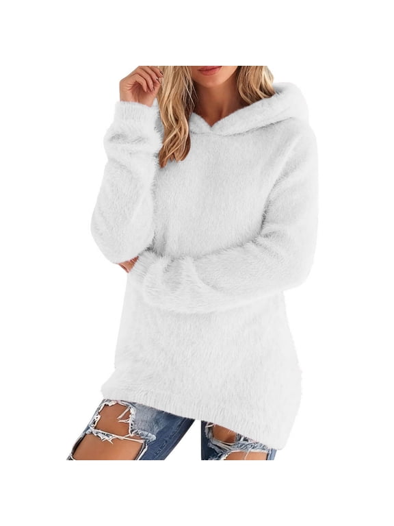 Women's Fleece Sweaters Soft Long Sleeve Knit Tops Hoodies Fall Winter Pullover Hooded Sweater for Women