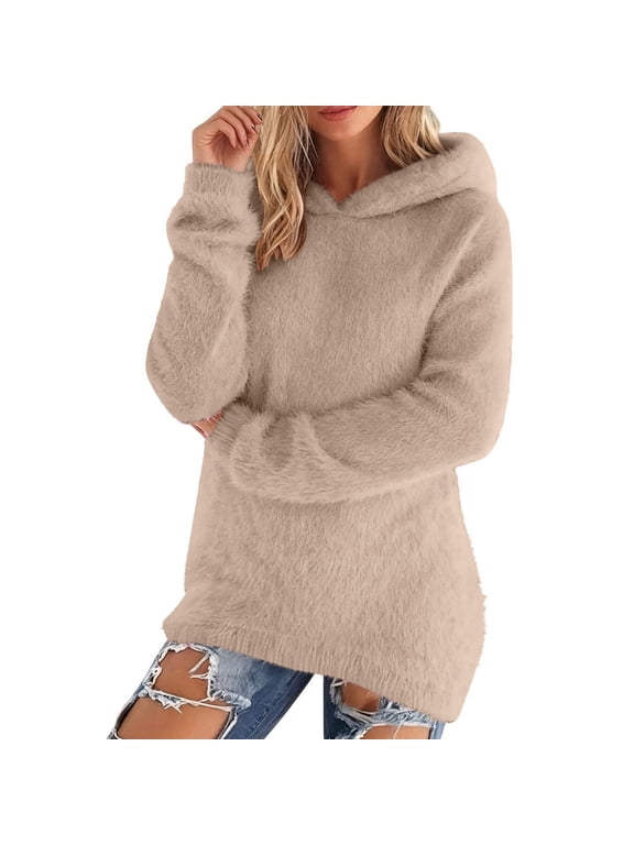 Women's Fleece Sweaters Soft Long Sleeve Knit Tops Hoodies Fall Winter Pullover Hooded Sweater for Women