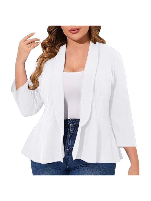Women's Plus Size Blazer 3/4 Sleeve Open Front Cardigan with Ruffled Hem Business Casual Office Work Jackets