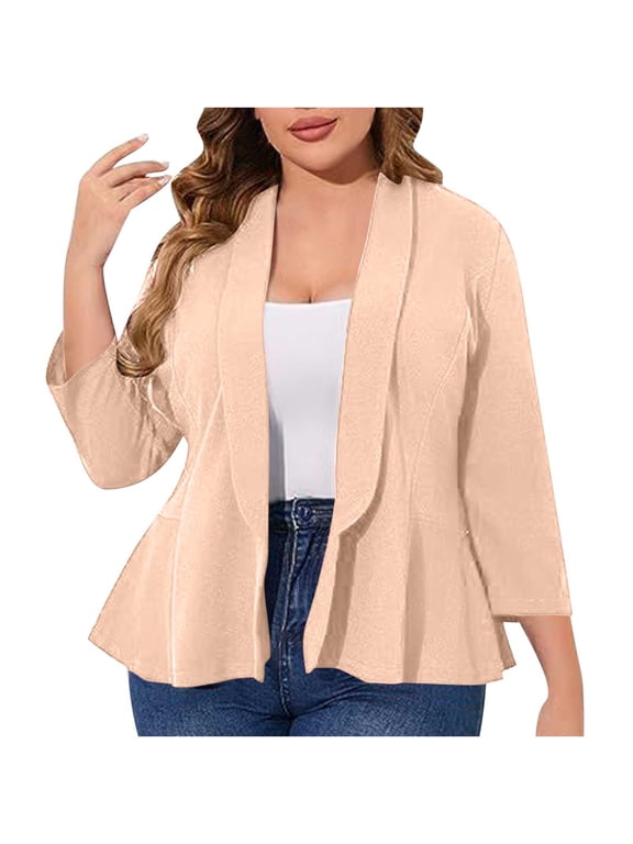 Women's Plus Size Blazer 3/4 Sleeve Open Front Cardigan with Ruffled Hem Business Casual Office Work Jackets