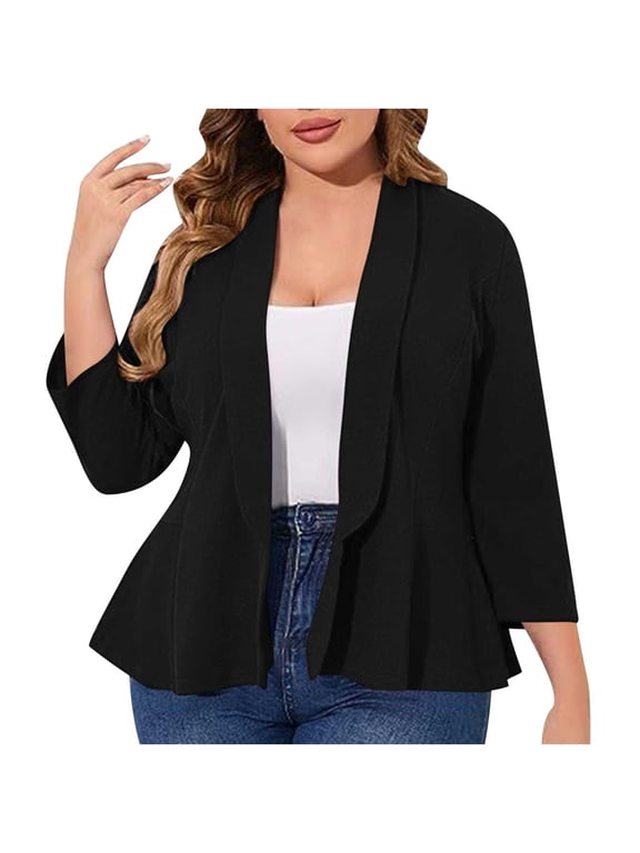 Women's Plus Size Blazer 3/4 Sleeve Open Front Cardigan with Ruffled Hem Business Casual Office Work Jackets