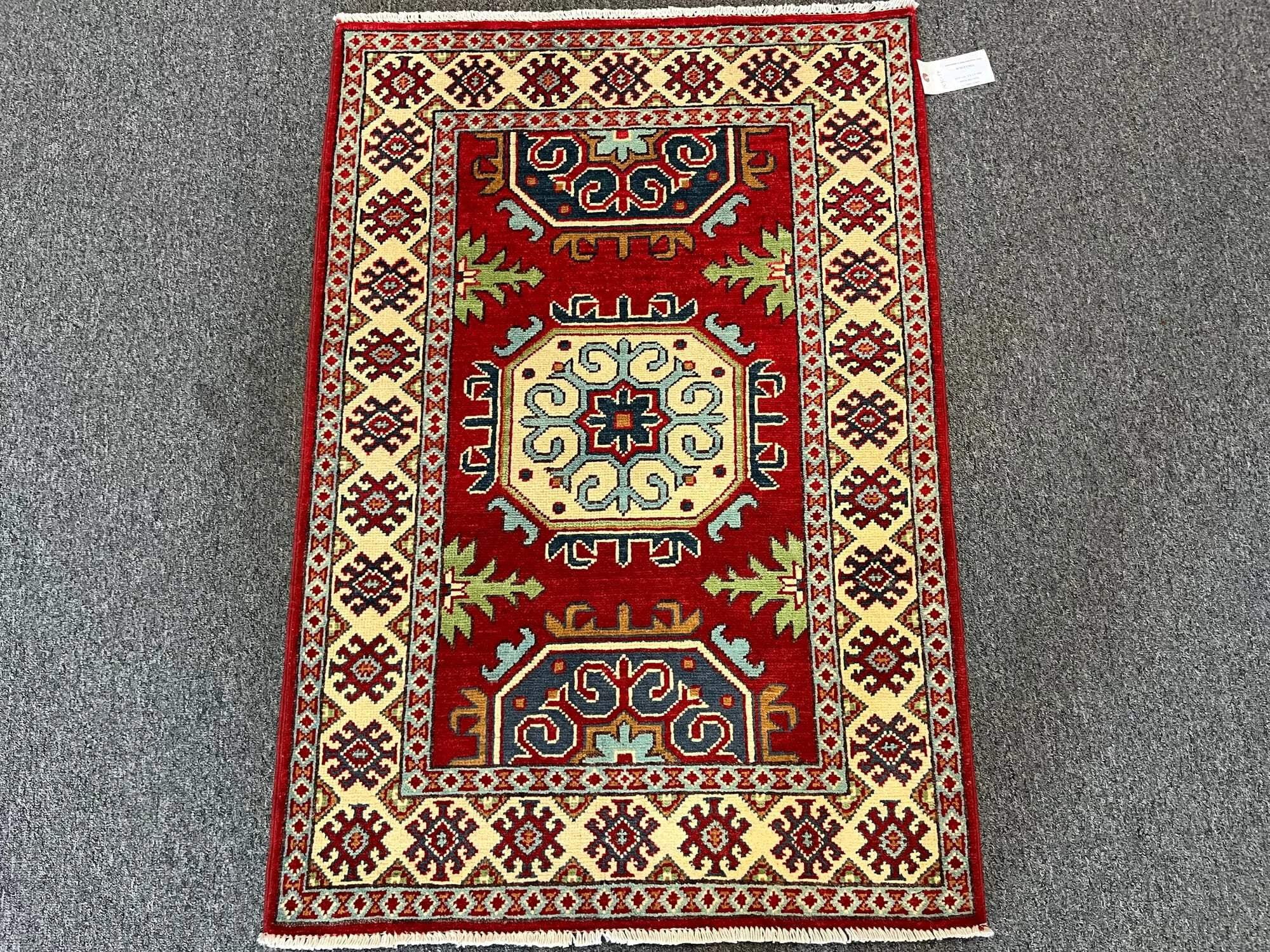 Red and Beige Kazak Hand-Knotted Wool Rug 4' x 2' 9''