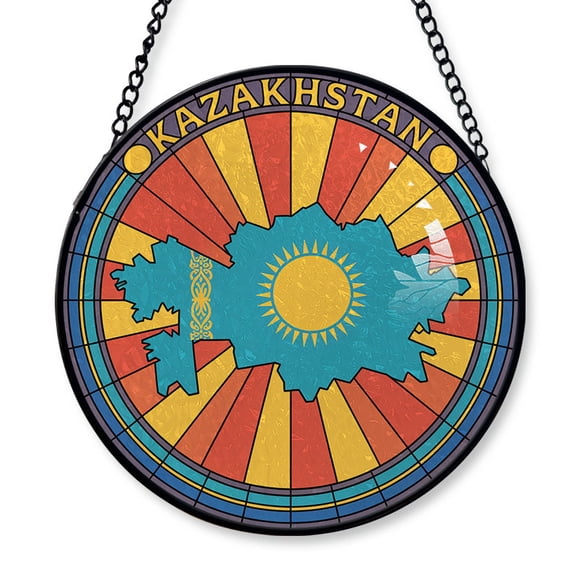 Kazakhstan Travel Decor Suncatcher Stained Glass Window Hanging, Gift for Traveller, Collection of Country Travel Souvenirs for Family and Friends, Kazakhstan Map and Flag Décor