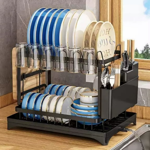 Stainless Steel 2-Tier Dish Rack with Utensil Holder & Drain Board - Heavy Duty Space Saving Kitchen Organizer for Countertop/Sink, Drying Rack Set for Plates Bowls Cups Cutlery (16.5x11.5inx11.4)