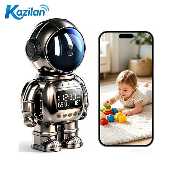 Kazilan Baby Monitor, 2K HD 5G/2.4Ghz WiFi Robot Alarm Clock Camera, Human Detection, Night Vision, Two-Way Talk & Motion Alert, Temp Humidity Display, Baby Camera